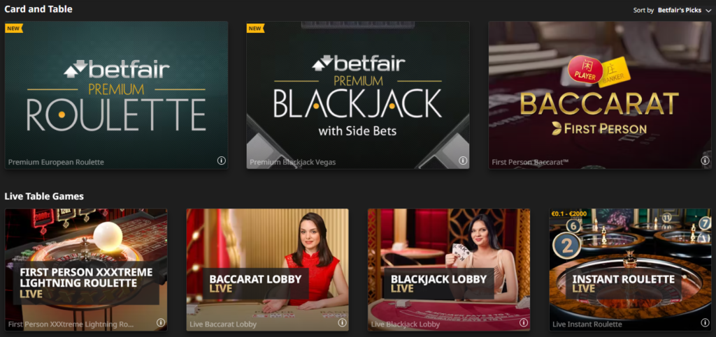 Betfair casino card and table games