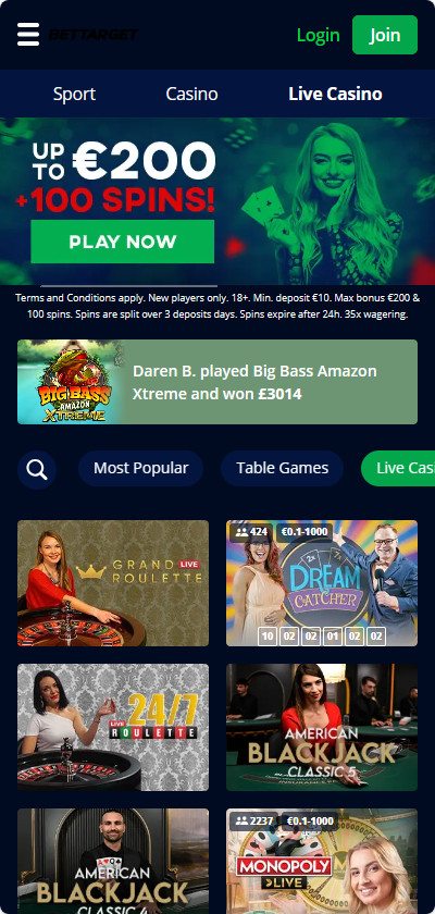 Bettarget mobile live casino games