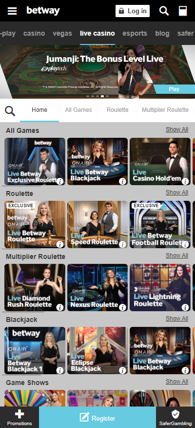 Betway mobile live casino games