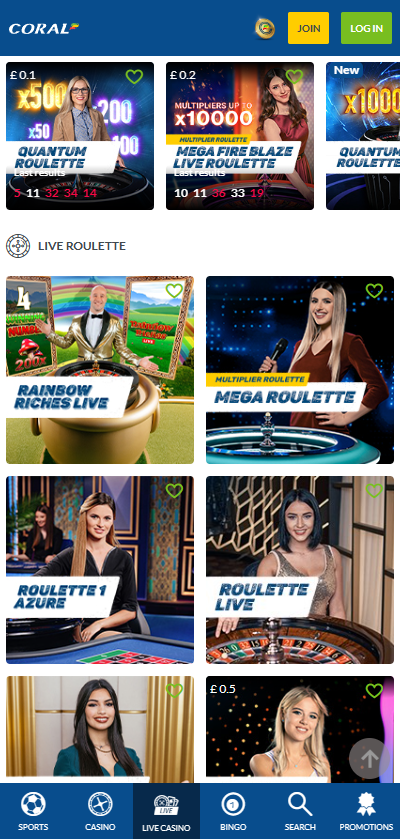 Coral mobile live casino games