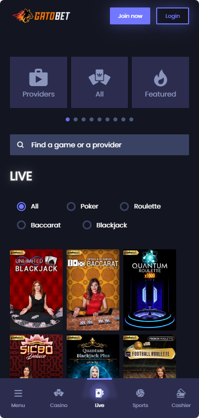 Gatobet live casino games