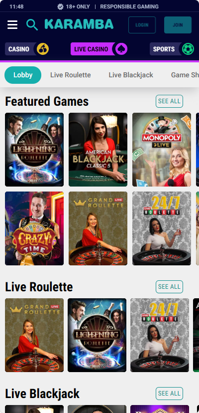 Karamba live casino games