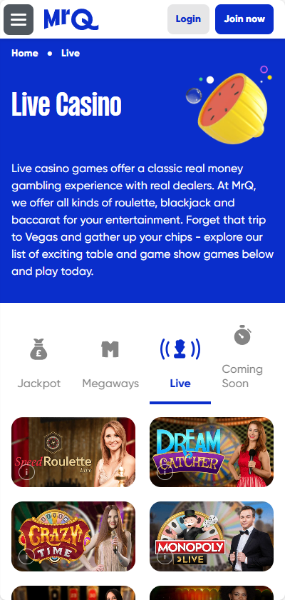 MrQ live casino mobile games