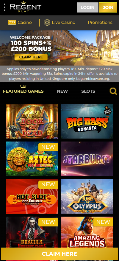 Regent Play casino mobile live games lobby